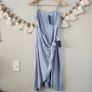 Lulus Stay Sunny Light Blue Faux Wrap Tie Midi Dress Sleeveless Overlap Skirt L